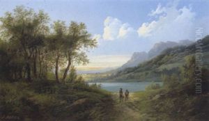 Angler In Einer Fluslandschaft In Der Steiermark by Eduard Boehm