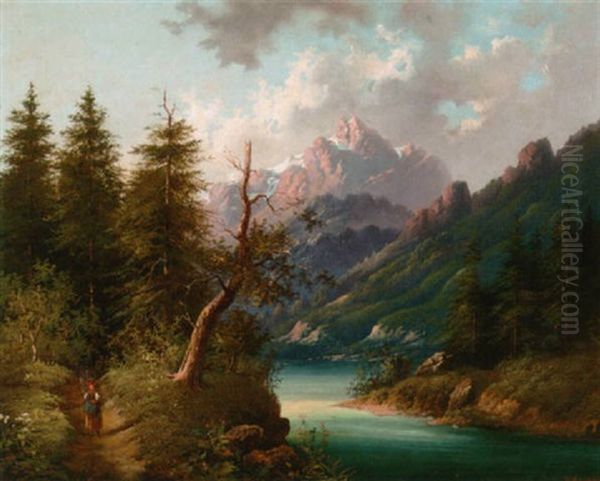 A Faggot Gatherer On A Riverside Path, Snow-covered Mountains Beyond - view 1