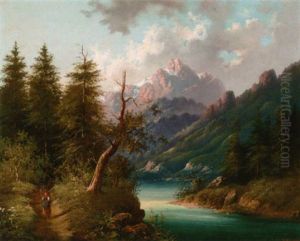 A Faggot Gatherer On A Riverside Path, Snow-covered Mountains Beyond