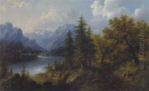 Rastende Am Heimweg In Bewaldeter Flusslandschaft Mit Gebirgskulisse by Eduard Boehm