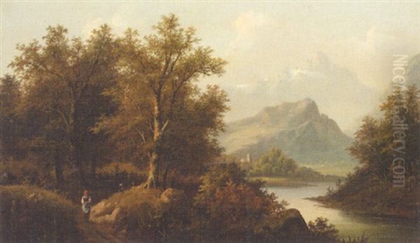 A Figure By A Lake With A Church And Mountains Beyond - view 1