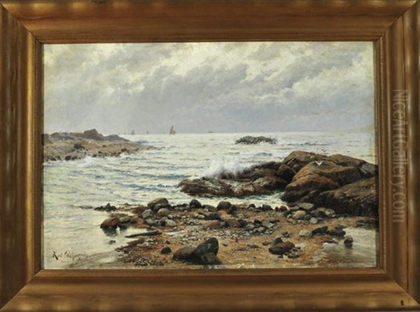 Steinige Meeresbrandung Mit Segelbooten Am Horizont - view 1