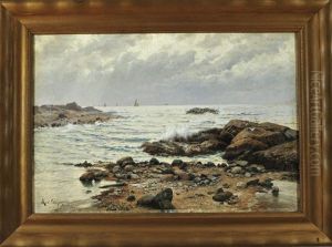 Steinige Meeresbrandung Mit Segelbooten Am Horizont by Karl Theodor Boehme