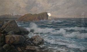 Felsige Meereskuste Bei Mondaufgang by Karl Theodor Boehme