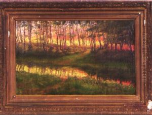 Impressionistische Waldpartie Mit Bachlauf Bei Abendrote Impressionistische Waldpartie Mit Bachlauf Bei Abendrote