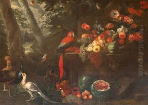 Groses Blumen- Und Fruchtestillleben Mit Papagei by Pieter Boel