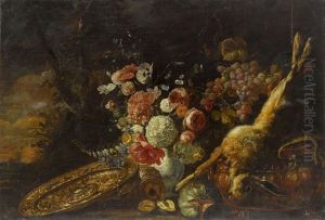 Stillleben Mit Blumen, Fruchten, Tischgerat Und Erlegtem Hasen