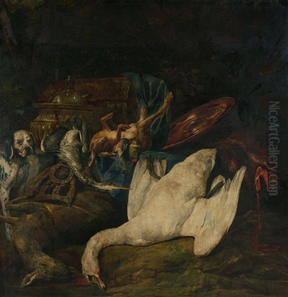 Gibier, Cygne, Pieces D'orfevrerie Et Gibeciere Aux Armes De La Famille D'arenberg Dans Un Paysage - view 1