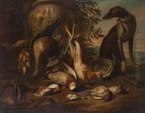 Trophee De Chasse Avec Chien Pres Du Volaille Devant Un Paysage by Pieter Boel