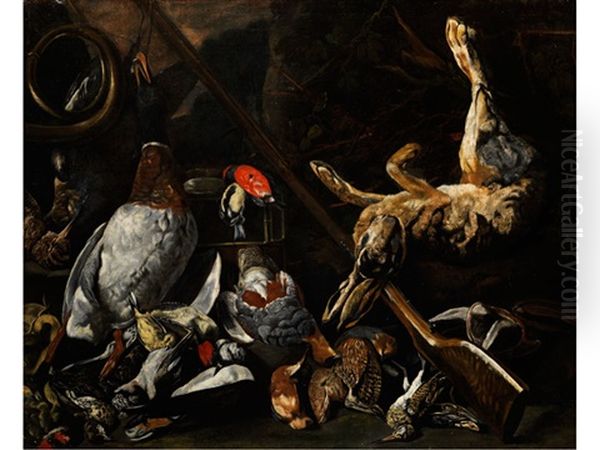 Grosses Jagdstilleben Mit Erlegten Enten, Feldhasen Und Weiterem Federvieh - view 1