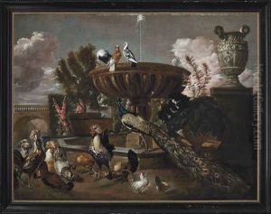 A Peacock, Cockerels, Hens, Turtle Doves And Other Birds By A Fountain In An Ornamental Garden
