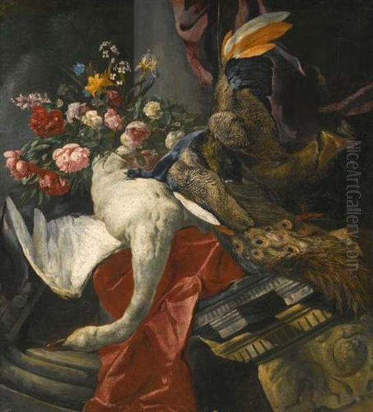 Still Life Of Peonies, Roses And Other Flowers In A Terracotta Vase, Together With A Swan, Peacock And Boar's Head, Resting On A Red Drape And An Antique Architectural Fragment - view 1