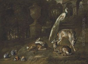 Three Deer, A Peacock, Rabbits, And Guinea Pigs In A Wooded Landscape, With Classical Statuary And Arches Beyond by Pieter Boel