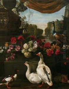 A Duck, Geese And A Peacock In A Classical Garden Landscape