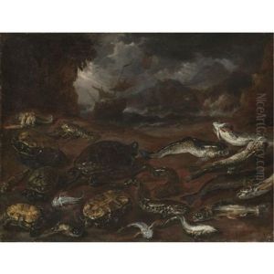 A Still Life Of Turtles, An Eel, Pike, Lobsters And Other Fish On The Shore, A Ship In Stormy Seas Beyond