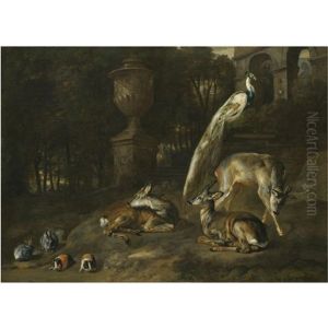 Rabbits, Guinea-pigs, Roe-deers And A Peacock In An Ornamental Garden