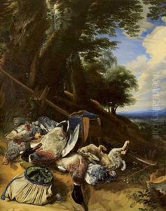 Nature Morte Aux Colverts, Perdreaux Ramiers Et Lievre Dans Un Paysage Panoramique