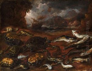 A Still Life Of Fish, Tortoises And Lobster On A Beach, A Stormy Sea Beyond