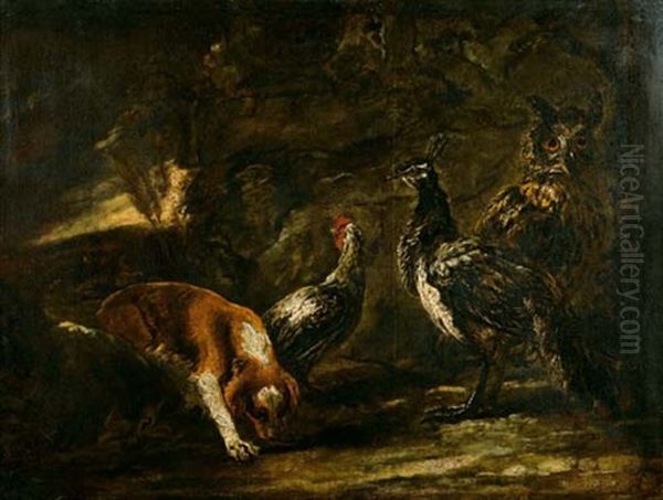 Huhner, Eine Eule Und Ein Hund In Einer Landschaft - view 1