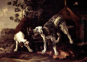 Landscape With Two Hounds Fighting Before A Kennel
