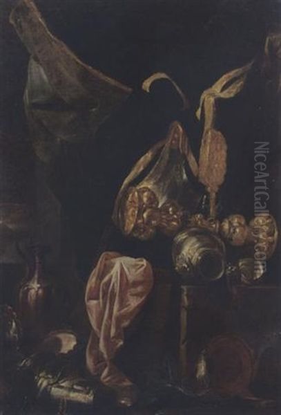 A Still Life With Armour, A Silver-gilt Cup, A Copper Jug, A Silver Bowl And A Pink Cloth - view 1
