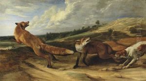 A Spaniel Attacking A Vixen And Dog Fox In An Open Landscape by Pieter Boel