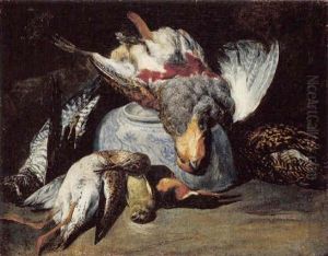 Still Life Of A Partridge, Hawk, Snipe, Goldfinch And Kingfisher, Together With An Upturned Porcelain Bowl