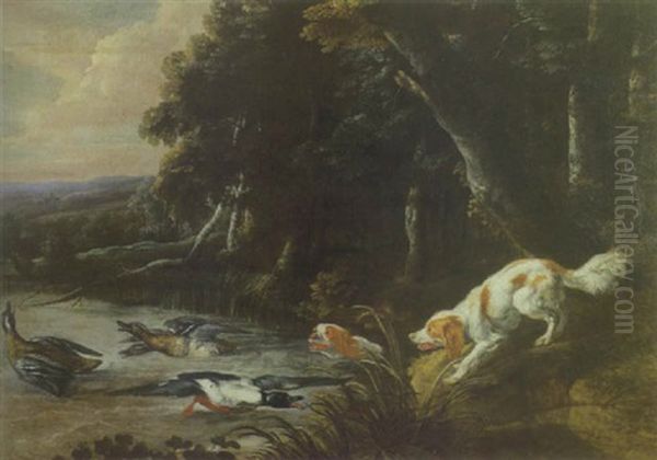 Epagneuls, Canards Et Colverts Sur Fond De Paysage - view 1