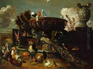A Peacock, Cockerels, Hens, Turtle Doves And Other Birds By A Fountain In An Ornamental Garden