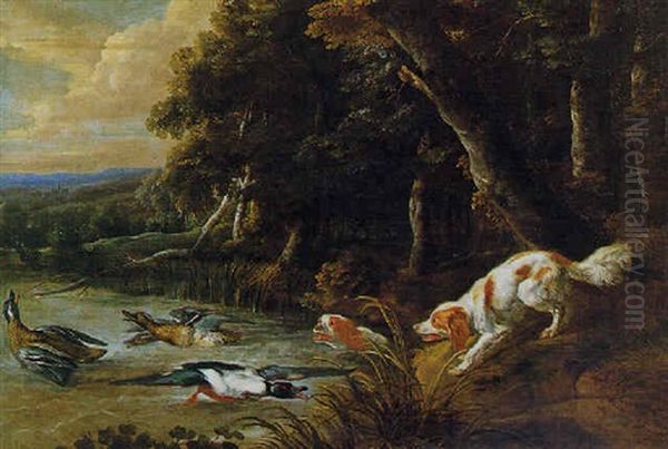 Epagneuls, Canard Et Colverts Sur Fond De Paysage - view 1