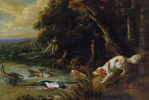 Epagneuls, Canard Et Colverts Sur Fond De Paysage Epagneuls, Canard Et Colverts Sur Fond De Paysage