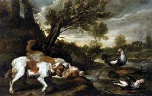 Jagdhunde Und Wildenten In Einer Fluslandschaft