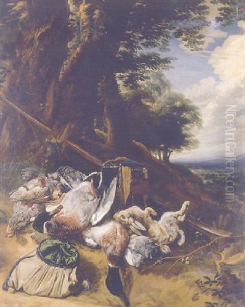 A Dead Hare, Ducks And Falcons, With A Powder Bag, A Bird Cage And A Rifle In A Wooded Landscape - view 1