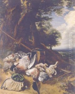 A Dead Hare, Ducks And Falcons, With A Powder Bag, A Bird Cage And A Rifle In A Wooded Landscape
