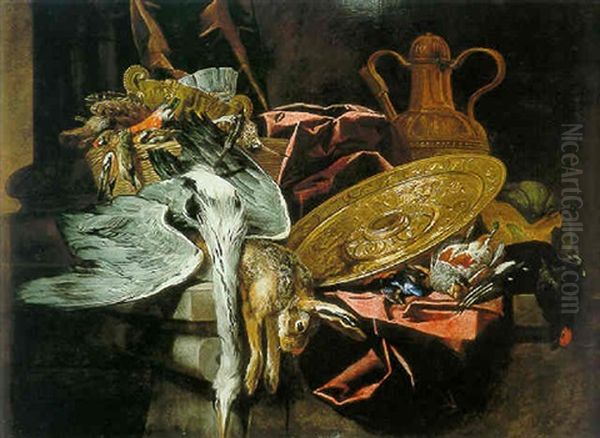 Still Life Of A Gamebirds And A Rabbit With An Embossed Platter All Resting On A Table - view 1