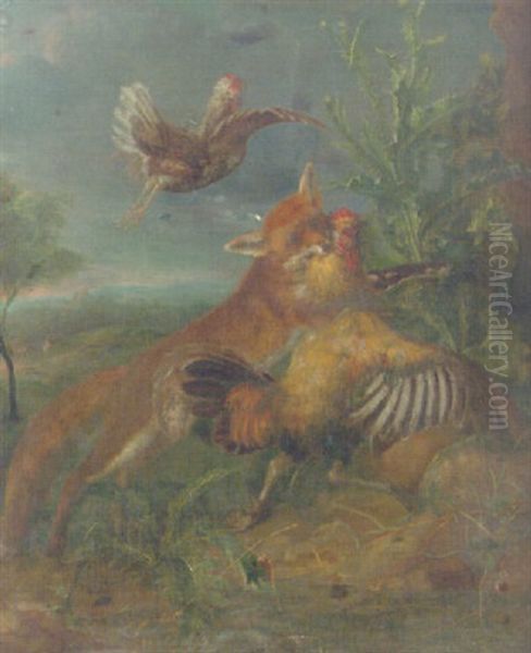 A Fox Chasing A Cockerell By A Thistle In A Landscape - view 1
