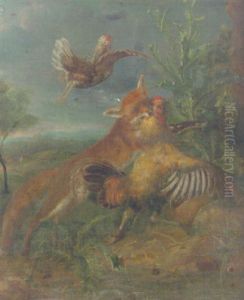 A Fox Chasing A Cockerell By A Thistle In A Landscape
