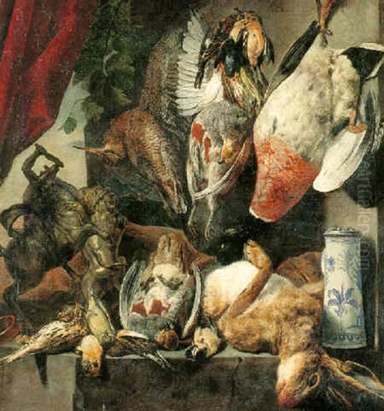 Still Life Of Game On A Ledge With A Bronze Statue And A Blue And White Porcelain Tankard - view 1