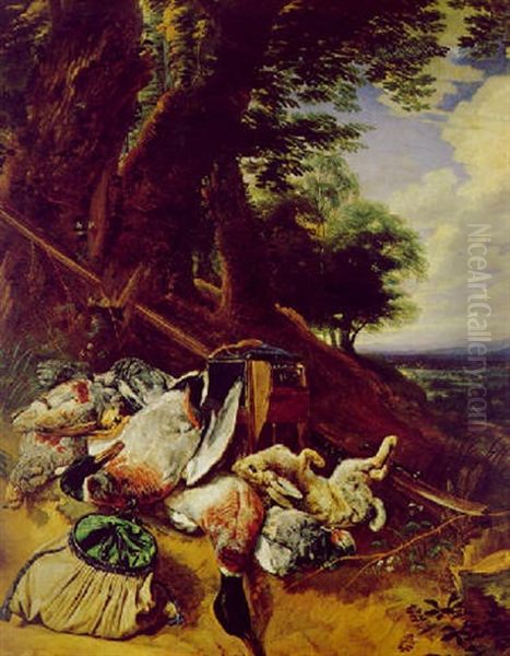 Erlegtes Wild Mit Jagdgeraten In Einer Bewaldeten Landschaft - view 1