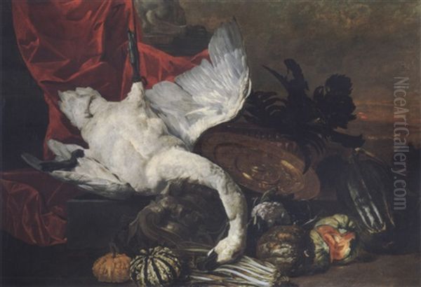 Elaborate Still Life With Fruits, Vegetables, A Salver And A Swan Before A Draped Pedestal, A Landscape Beyond - view 1
