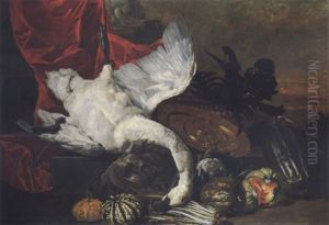 Elaborate Still Life With Fruits, Vegetables, A Salver And A Swan Before A Draped Pedestal, A Landscape Beyond