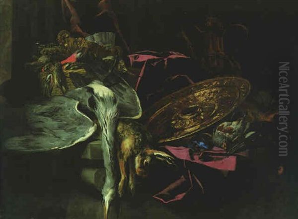 A Dead Hare, A Heron, A Snipe And Finches In A Basket, A Charger, An Ewer, A Melon, A Partridge And A Blackcock On A Ledge Draped With A Curtain By A Column - view 1