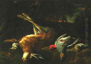 A Wooded Landscape With A Still Life Of Hare, Partridge And Other Birds