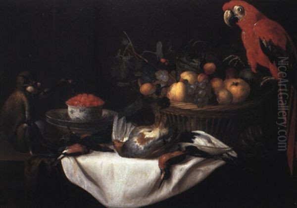 Nature Morte Au Panier De Fruits, Singe Et Perroquet - view 1