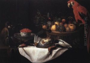 Nature Morte Au Panier De Fruits, Singe Et Perroquet by Pieter Boel