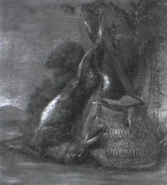 Dead Hare And Snipe In A Game Bag Hanging From A Tree - view 1