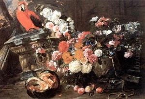 Roses, Hydrangeas, Marigolds, Hollyhocks, Lilies And Other  Flowers With A Melon, Plums And A Parrot By Architectural by Pieter Boel