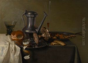 Still Life With Jan Steen Jug And Other Vessels, With A Fried Fish And A Bread Roll Upon A Draped Table by Maerten Boelema De Stomme