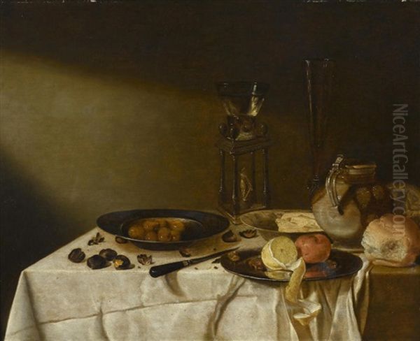Still Life With Roemer, Pitcher, Nuts And Fruit On Pewter Platters - view 1
