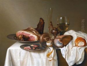 Still Life With A Ham, A Glass And A Nautilus Cup On A Table Draped With A White Cloth